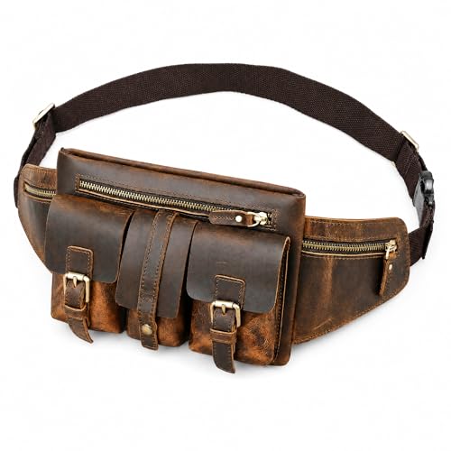 Handadsume Épais Crazy Horse en Cuir Randonnée Équitation Voyage en Plein Air Ceinture Fanny Taille Pack Petit Téléphone Cigarette Poche pour Hommes...