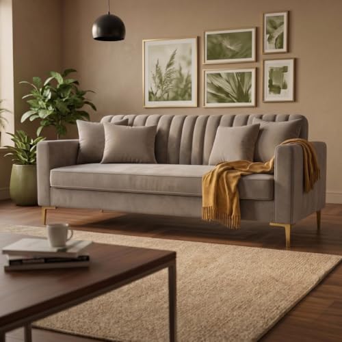 Image of Velum 3 Seater Sofa for Living Room & Office | Premium Fabric Upholstery | Solid Wood Frame | Comfortable Seating | 3 Years Warranty (Beige, 3 Seater Sofa)