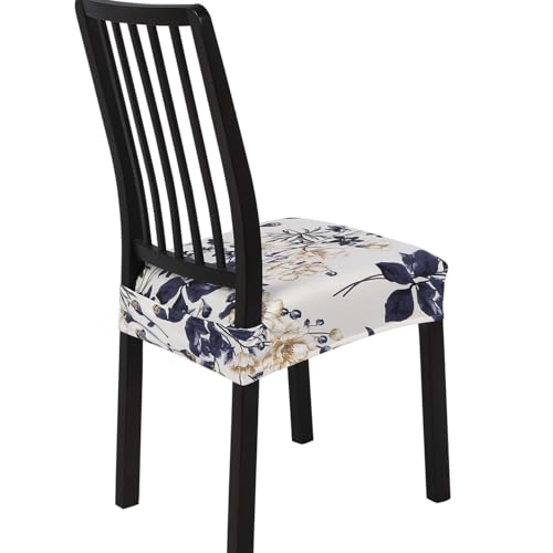 Image of SearchI Stretch Dining Chair Seat Covers Set of 6, Soft Removable Washable Seat Covers for Dining Chairs, Dining Room Seat Cover Protector (Rear-Covered, Blue Flower)