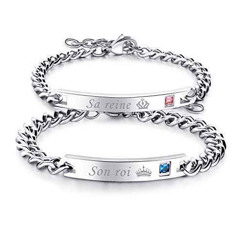 Flongo 2PCS Bracelets Acier Inoxydable Son Roi & Sa Reine Chaînes de Main Couples Amoureux Femme Homme Goumettes Couleur Argent Cadeau Romantique Saint Valentin Mariage Cover