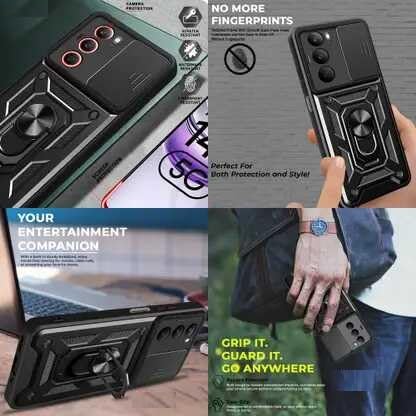 Image of SPAZY CASE Realme C73 5G Back Cover | Heavy Duty Hybrid Case with 360 Degree Rotating Finger Ring Holder + Slider Shutter Camera Protection Case for Realme C73 5G - Black