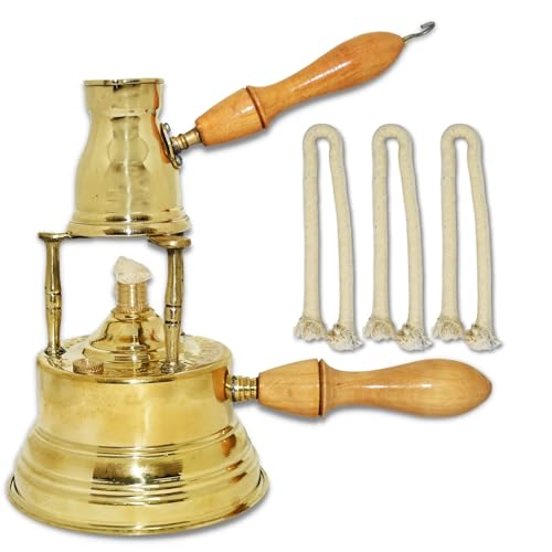 Al Bramony Brass Turkish Greek Coffee Alcohol Burner Maker Table Top Tabletop Wooden Handle Large Size Hand Hammered Handmade Decanter + 3 Pcs Cotton Fuse + Pot Ibrik Size N02 (Capacity 2 Cup / 2.7oz)