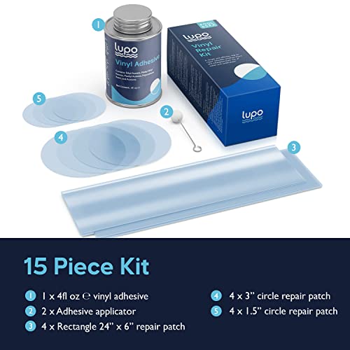 Lupo 4 Fl. Oz. 15 Piece Heavy Duty Vinyl Repair Kit For Above Ground Swimming Pool Liners, Hot Tubs, Inflatables, Air Beds (Repair Patches, Glue And Application Tool) #TOP2