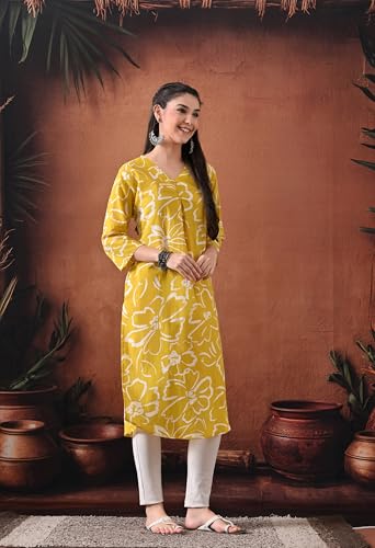 Image of Ichaa Women's Pure Cotton A-Line Ethnic V-Neck Kurta with 3 /4th Sleeve for Daily and Office Wear, in Plus Sizes