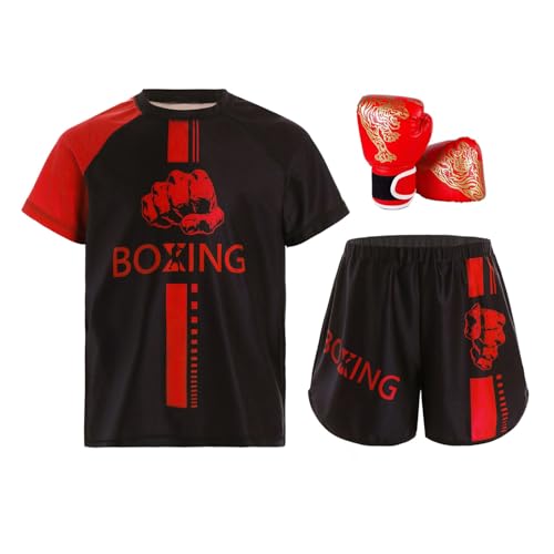 Oyolan Enfant Garçon Short de Boxe et T-Shirt avec Gants de Boxe Ensemble de Boxe Combat Muay Thai MMA Kick Boxing 5-16 Ans A Rouge 7-8 Ans