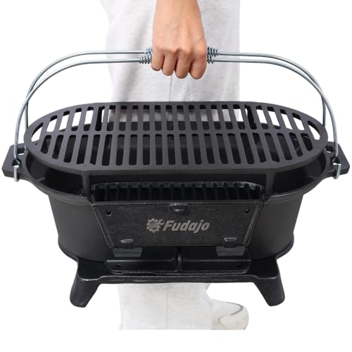 Cast Iron Hibachi Grill – Portable Charcoal BBQ for Outdoor Cooking, Durable Tabletop Skillet, Compact Camping Charcoal Cooker for Tailgating, Picnics & Hunting (Oval)