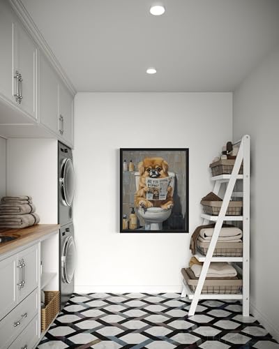 Image of Pekingese on Toilet Black Framed Wall Art Print Poster, Dog Bathroom Humor Decor Posters Prints for Restroom Home Picture Painting Artwork Gallery 7 (Pekingese, 20 inchL x 16 inchW, Black Frame)