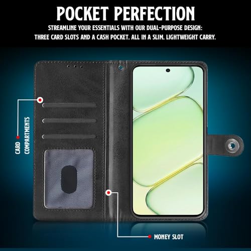 Image of WOW IMAGINE Shock Proof Flip Cover Back Case for 1+ OnePlus Nord CE 6 Lite 5G (Magnetic Button Flip Case | Wallet Pockets & Stand | Leather Finish | Haze Black)