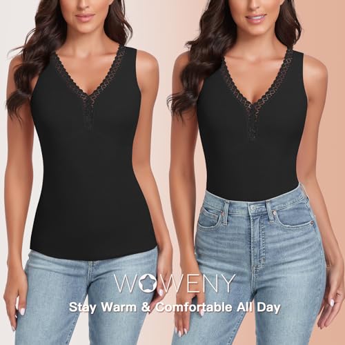 WOWENY Camiseta térmica de manga larga para mujer con encaje, sin mangas, manga larga, elegante, cuello de pico, cálida, cómoda, dralon, Negro , L