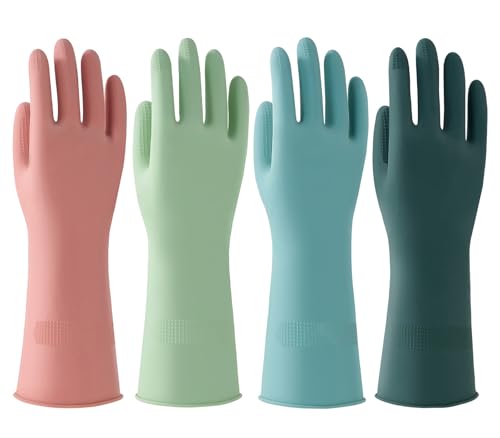 Bamllum 4 Pairs Rubber Dishwashing Gloves - Reusable Kitchen Cleaning Gloves for Washing Dishes & Household, Non-Slip, Long-Lasting Flexible Gloves (Medium