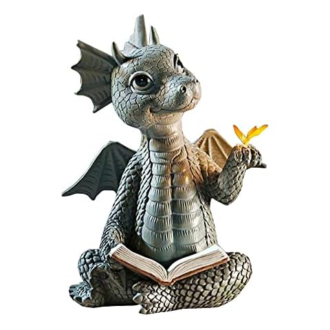 JARPSIRY Cute Dragon Reading Book Statue, 5.9-Inch Tall Dinosaur Holding Butterfly Figurines Art Resin Sculpture Outdoor Garden Decor Home Desk Ornaments Cover