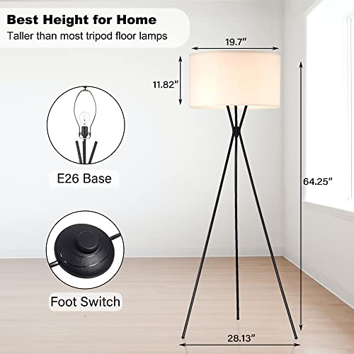 Pia Ricco Tripod Floor Lamp For Living Room, Mid Century Standing Lamp With 3 Lags, Modern Tall Standing Floor Lamp For Bedroom, Flaxen Lamp Shade, E26 Base, Foot Switch #TOP1