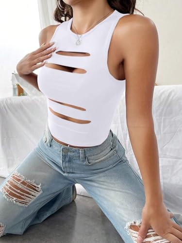 Image of LovelyWholesale Women Sexy Cut Out Crop Tank Tops Crew Neck Summer Sleeveless Top