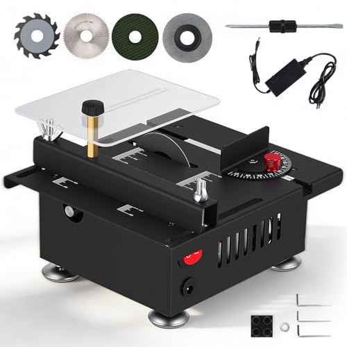 Kleine Tischkreissäge mit 4 Sägeblättern, 100W Präzisions Table Saw Sägeblatt Sägeblattwinkel einstellbar 0-90°, Multifunktionale Tischsäge für DIY Holzbearbeitungsprojekte, 7 Geschwindigkeitsstufen