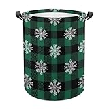 Cestas de lavandería con patrón de copos de nieve blancos sobre cuadros verdes, cesta de lavandería, impermeable, plegable, para almacenamiento de ropa sucia, para sala de estar y baño