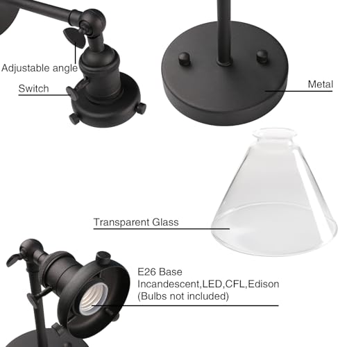Image of PERMO Industrial Black Wall Sconce with On /Off Switch and Funnel Flared Clear Glass Shade for Living Room Bathroom Bedroom