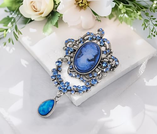 Image of Gyn&Joy Antique Blue Rhinestones Cameo Brooch Pin