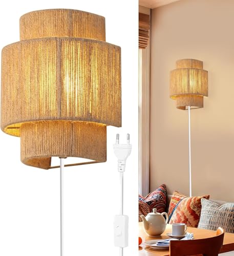 E27 Boho Vintage Rattanowa lampa ścienna z wtyczką, 2 lampy ścienne z włącznikiem, oświetlenie UP & Down Ręcznie tkana rustykalna rattanowa bambusowa lampka nocna do salonu lub sypialni