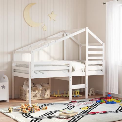 Owoxanthellate Cama alta con techo de pino macizo, color blanco, 195,5 x 80,5 x 89 cm, ahorra espacio, diseño moderno para pequeños dormitorios y salas de juegos