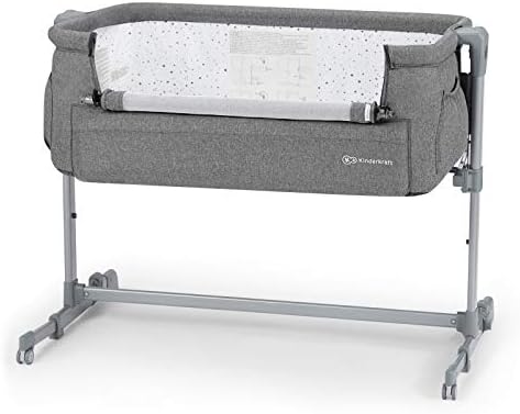 Kinderkraft Bedside Crib NESTE UP, Travel Cot, Co-Sleeping Bed, Ajustable Height, Foldable Side Wall, Transport Wheels, with Accessories, Cotton Sheet, for Newborn, 0-9 kg, up to 6 Month, Melange Gray