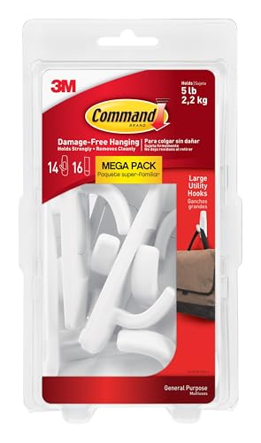 Command Large Utility Hooks, Holds up to 5 lb, 14 Hooks and 16 Command Strips, Damage-Free Hanging Wall Hooks with Adhesive Strips, No Tools Adhesive Hooks for Hanging, Organization and Storage