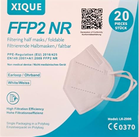 SESCO 20 mascarillas FFP2 Xique con orejeras elásticas, certificado CE, respirador, máscara de filtro de partículas, máscara FFP2, NR