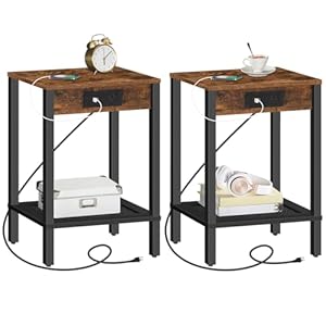 HOOBRO Side Table with Charging Station, Set of 2 End Tables with USB Ports and Outlet, Nightstand with 2-Tier Storage Shelf, for Living Room, Bedroom, Small Space, Rustic Brown and Black BF91UBZP201