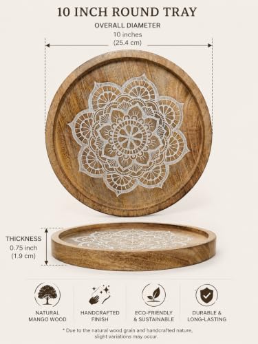 Image of Round Wooden Tray 10 Inch with Mandala Design | Mango Wood Serving Tray for Coffee Table, Snacks, Breakfast & Home Decor | Rustic Decorative Centerpiece Tray for Kitchen & Living Room