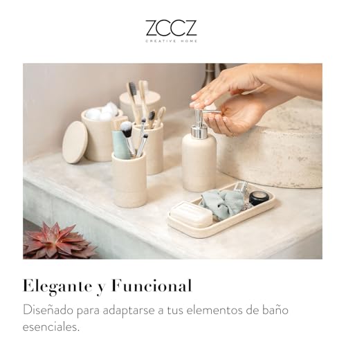 ZCCZ Juego de 6 Accesorios de baño Beige con Dispensador de jabón, 2 Soportes para hisopos, Soporte para Cepillo de Dientes, Vaso de baño y Bandeja de tocador, Organizador Decorativo para encimera - imagen 2