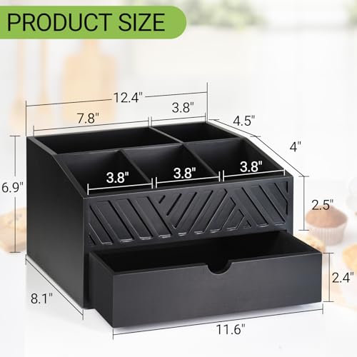 Farmhouse Coffee Bar Organizer - Wooden Countertop Station With Drawer, Pods Holder & Storage Basket