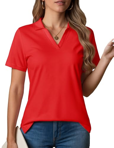 MAGCOMSEN Women's Polo Shirts V-Neck Short Sleeve UPF 50+ Sun Protection Collared Golf Shirt Work Summer Tops