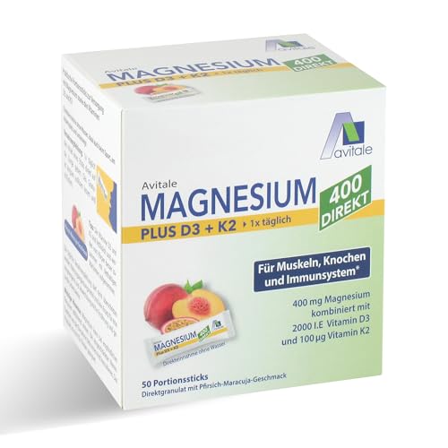 Magnesium 400 + D3 + K2 direkt mit leckerem Pfirsich-Maracuja Geschmack - Direktgranulat zur Einnahme ohne Wasser