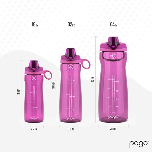Image of Pogo 64oz Plastic Water Bottle with Leak-Proof Chug Lid and Carry Handle, Reusable, BPA Free, Capacity Markings, Dishwasher Safe, Perfect for Travel, School, Outdoors, and Gym, Fuchsia