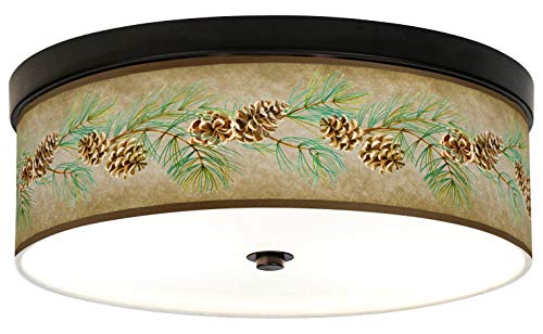 Giclee Gallery 14' Rustic Country Traditional Flush-Mount Ceiling Light Fixture Kitchen Foyer Hallway Drum Round Pine Cone Branch Shade LED Brown Bronze Finish Metal Bedroom Bathroom Entryway