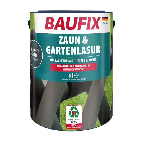 BAUFIX Zaun & Gartenlasur graphitgrau, seidenglänzend, 5 Liter, Zaunfarbe, atmungsaktive Zaunfarbe braun, für Zäune & Holz im Freien geeignet