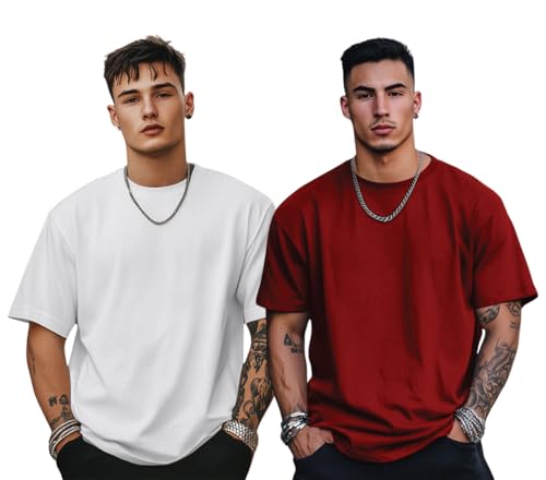 Image of Veirdo Solid Oversized 100% Pure Cotton Combo T-Shirt for Men & Boys (Half Sleeves, Round Neck, Drop Shoulder, Baggy Fit, Pack of 2, Available in S to 2XL