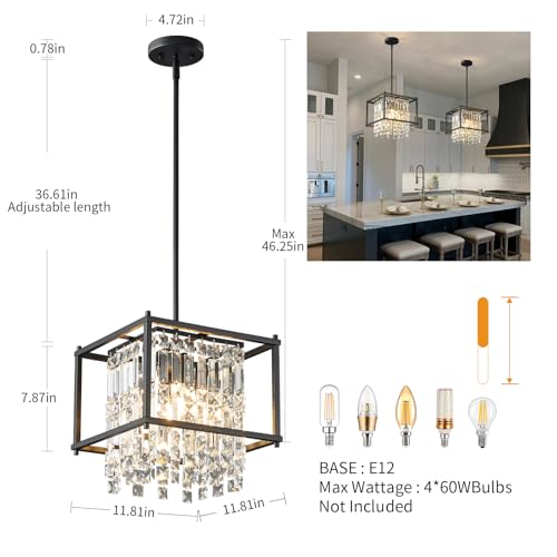 Image of LMQNINE Modern Foyer Chandelier, Black Crystal Chandelier Entryway Light Fixture, Square Adjustable Height Chandeliers for Kitchen Island, L11.81'' x H7.87''