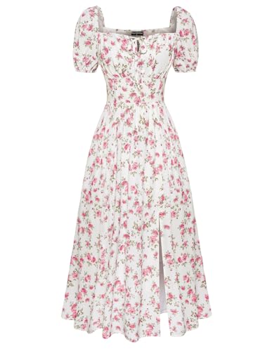 Image of Scarlet Darkness Women's Floral Corset Dress with Split 2026 Summer Spring Square Neck Midi Milkmaid Dresses