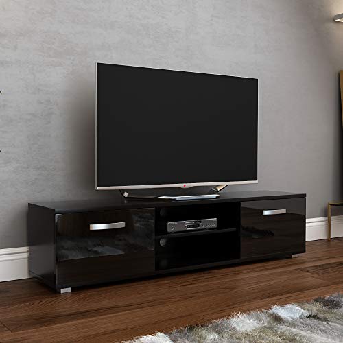 Vida Designs Cosmo Mobiletto per TV a 2 Ante in Pannello di Fibra a Media Densità, Stile Moderno, Lucido, 160 cm, Colore: Nero, 160 cm No LED Lights