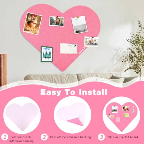Image of Climberty Heart Shaped Felt Pin Board 90x60cm, Decorative Bulletin Board for Photos Notes and Wall Display, Soft Felt Memo Board for Bedroom Dorm Office Decor