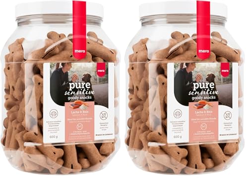 MERA Pure Sensitive Goody Snack, snack sani per cani sensibili, salmone e riso, snack per cani senza glutine per allenamento (600 g) (Confezione da 2)