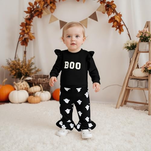 Kids Toddler Baby Girl Halloween Outfit Boo Sweatshirt and Ghost Bell Bottom Flare Pants Set 2Pcs Fall Winter Clothes2