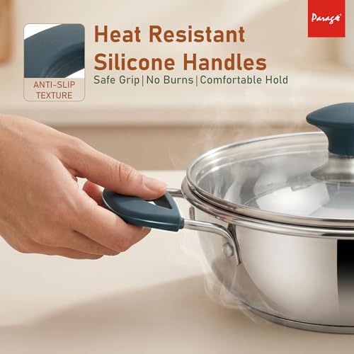 Image of Parage Stainless Steel Kadhai with Glass Lid, 2200ml, Induction & Gas Compatible, Triply Bottom Steel Kadai 24cm with Silicone Handle for Curry, Sabzi & Daily Cooking, 2 Years Warranty