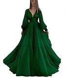 Features:This prom dress features in puffy tulle fabric and big a line as well as long puffy sleeves, which makes you feel like a fairy. The unique empire waist and deep v neck design make the whole dress modest with a little sexy. You will catch pea...