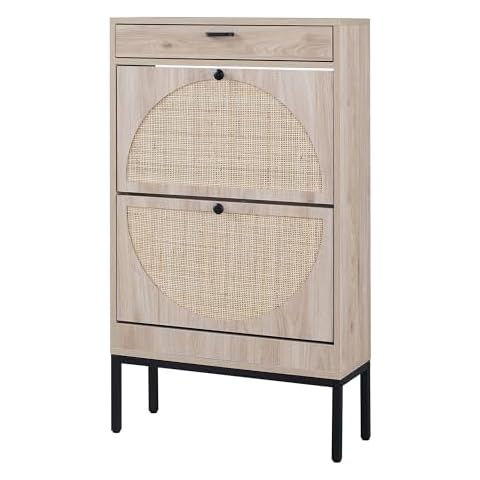 XIAO WEI Shoe Cabinet, Natural Semi Circle Rattan Shoe Storage Organizer Cabinet with 2 Flip Drawers, Freestanding Shoe Rack with Adjustable Shelf for Entryway Cover
