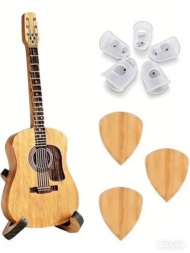 Porte-médiators en Bois Avec Support, Boîte à Médiators, 3 Pièces Médiators Uniques, 5 Pièces Protège-Doigts, Accessoire Cadeau pour Guitaristes,...