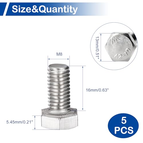Image of MroMax 5Pcs M8-1.25 Hex Bolts, M8 x 16mm Hex Head Screws Bolts | 304 Stainless Steel 18-8, Fully Threaded, External Hex Drive, for Thin Plate Connection and Small Electronics Fixing