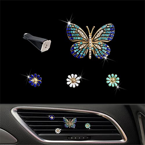 Bling Butterfly & Daisy Air Vent Clips, 4 Pcs Blue Flower Car Air Fresheners Vents Clips Car Diffuser Diamond Car Interior Decor Cute Car Accessories Car Decoration For Women + Mask Hook #TOP1