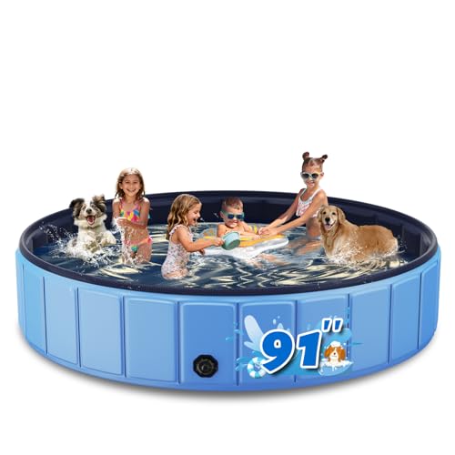 Glowpoint Foldable Dog Pool for Large Dogs, 91” Collapsible Hard-Side Dog Swimming Pool, Leakproof PVC Portable Pet Bath Tub & Kiddie Pool, Non-Slip Bottom, Indoor & Outdoor, Blue