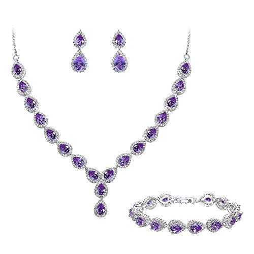 Brilove Wedding Bridal Cz Necklace Bracelet Earrings Jewelry Set For Women Teardrop Infinity Figure 8 Y-Necklace Tennis Bracelet Dangle Earrings Set Amethyst Color Silver-Tone February Birthstone #TOP2